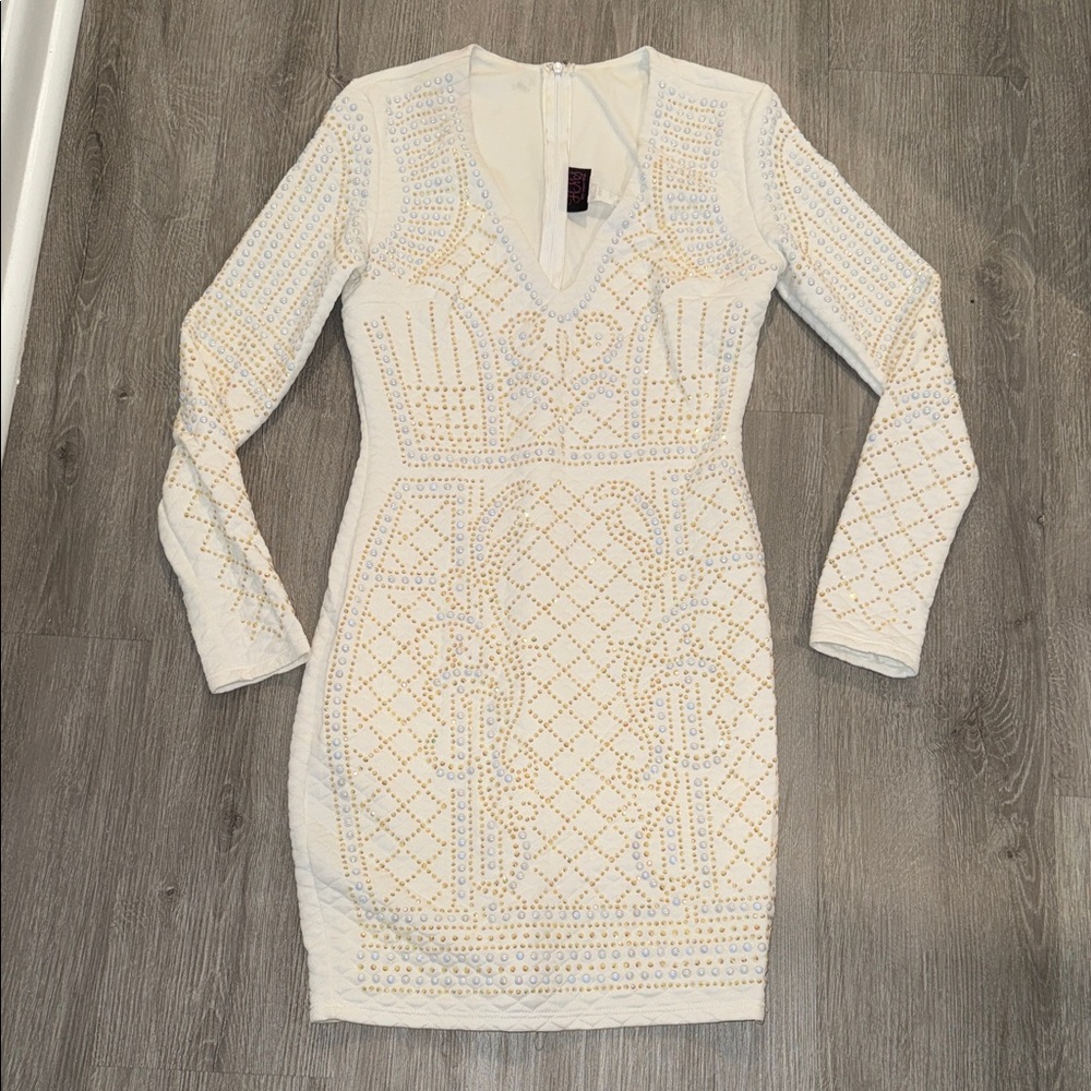Hot Miami Styles White Rhinestone Pearl Quilted V Neck Long Sleeve Dress M - Picture 4 of 5